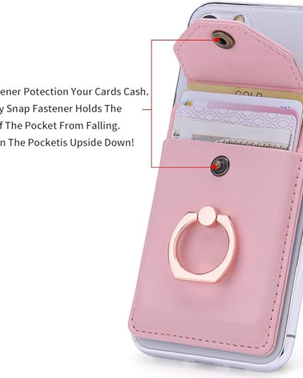 Cell Phone Card Holder RFID Ring Stand Stick on Wallet Card Holder for Back of Phone iPhone Android and All Smartphones Adhesive Credit Card Holder Pink