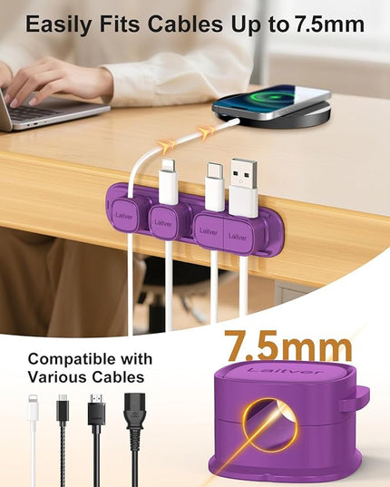 6 Pack Magnetic Cable Clips [1s Open/Lock], Laitver Cord Organizer Holder Strong Adhesive Desk Cable Management- Organize Charging Cords Neatly for Home, Office, Car,Desk, Nightstand-Deep Purple