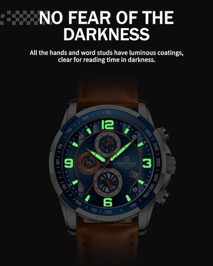 NAVIFORCE Sport Watches for Men Analog Quartz Chronograph Leather Strap Wrist Watch