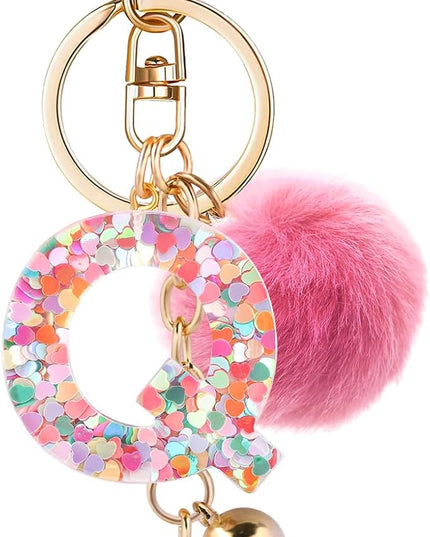 Resin Alphabet Initial Letter Keychain Keyring for Women Purse Handbags With Fur Ball Pom