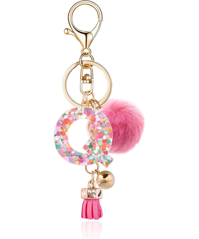 Resin Alphabet Initial Letter Keychain Keyring for Women Purse Handbags With Fur Ball Pom