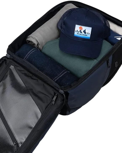 Käydä 36L Travel Backpack - Spacious Carry On Backpack with Detachable Travel Pouch, Magnetic Water Bottle Pocket, Passport and Laptop Pocket - Convertible Boot Bag for Snow Sports (Steel Blue)