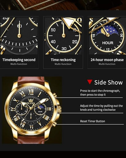OLEVS Men's Watches Leather Strap Analog Quartz Watch, Fashion Big Dial Date Waterproof Watch, Dress Luxury Luminous Men Watches
