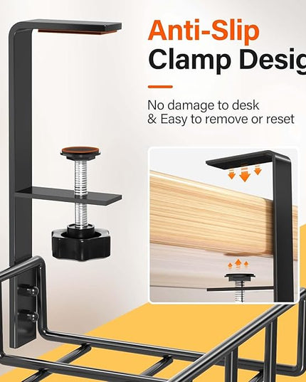 3 Pack Cable Management Under Desk Tray, 47.1" No Drill Under Desk Wire Management with Upgraded Clamp, Metal Cord Organizers with Cable Organizers, PC Cord Organization Rack, Black