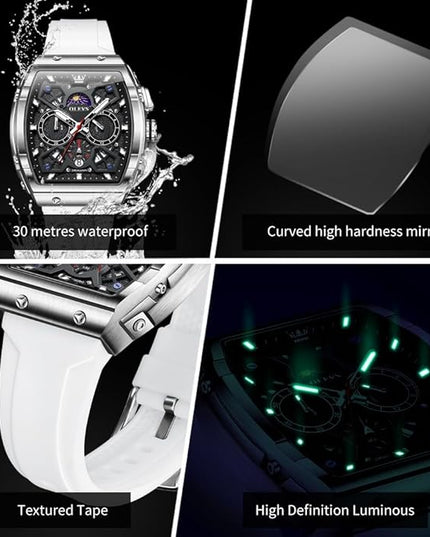 OLEVS Watches for Men Casual Luxury Large Face Multifunctional Chronograph Men's Watches Durable Silicone/Nylon Strap 3ATM Waterproof Men Watch Date Moon Phase Analog Quartz Watch Reloj para Hombre