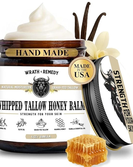 Organic Beef Tallow for Skin - 4 OZ (Vanilla) — Grass Fed Beef Tallow for face + Body — US-Made Whipped Tallow and Honey Balm Moisturizer for Dry and Sensitive Skin, Eczema, Rosacea (No Additives)