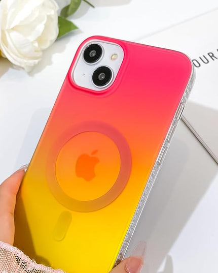 Aesthetic Case for iPhone 15 Case for Women Girls, Compatible with Magsafe, Cute Girly Trendy Glitter Sparkly Rainbow Magnetic Protective Phone Cover, Matte Iridescent Red & Yellow