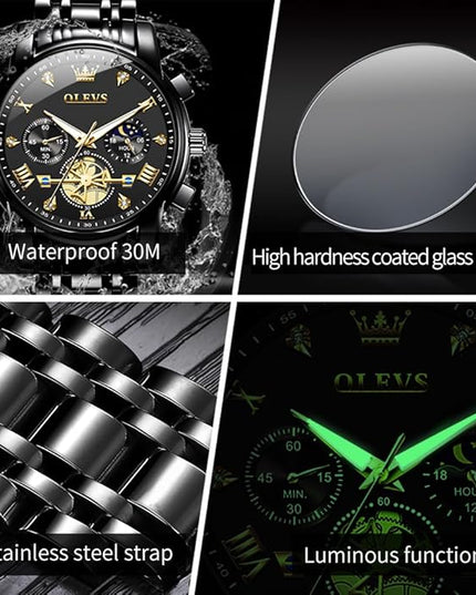 OLEVS Mens Watches Chronograph Watch Luxury Dress Stainless Steel Waterproof Watches for Men Moon Phase Luminous Business Calendar Wrist Watch Blue/Black/Green/Gold/Face