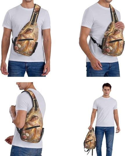 Our Lady of Guadalupe Sling Bag Crossbody Bags Clovers Chest Bag for Travel Hiking for Men Women Golden Mary 8