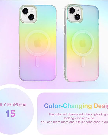 Cute Case for iPhone 15 Case for Women Girls [Compatible with Magsafe] Aesthetic Girly Glitter Bling Rainbow Magnetic Protective Phone Cover, Translucent Iridescent Blue & Pink