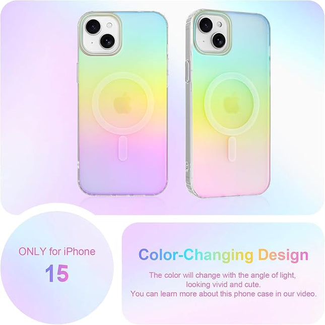 Cute Case for iPhone 15 Case for Women Girls [Compatible with Magsafe] Aesthetic Girly Glitter Bling Rainbow Magnetic Protective Phone Cover, Translucent Iridescent Blue & Pink