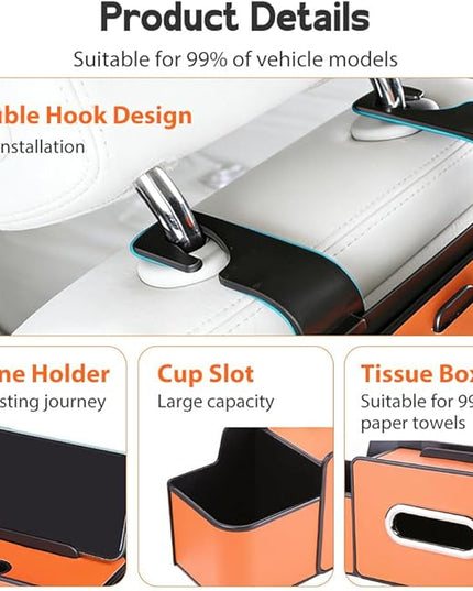 Multifunctional Car Seat Back Storage Box, 2026 New Seat Back Bag, Car Seat Tissue Box and Storage Box with 2 Cup Holders, Universal Back Seat Car Organizer for Organizer (Orange)