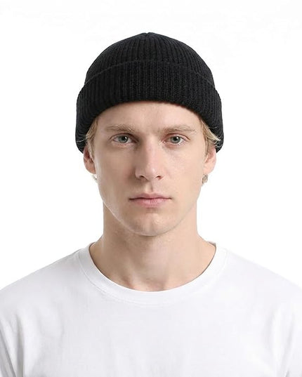 Fisherman Beanie, Knit Cuffed Short Mens Beanie Soft Winter Warm Watch Cap Cozy Trawler Hat for Men Women Black