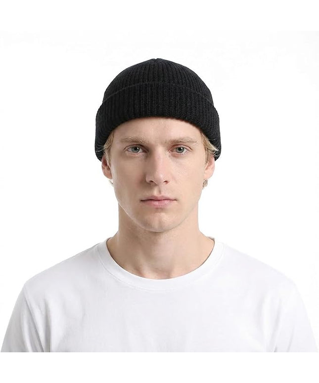 Fisherman Beanie, Knit Cuffed Short Mens Beanie Soft Winter Warm Watch Cap Cozy Trawler Hat for Men Women Black