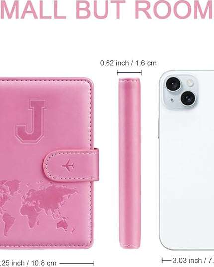 Passport Holder Cover Initail Letter A-Z Travel Wallet Embossed Design RFID Blocking Card Holder Personalized Gift Passport Cover Wallet, Passport Book Holders for Women and Girls, Pink-J