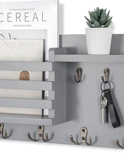 Nekon Mail Holder for Wall Mail Organizer with Key Hooks Hallway Farmhouse Decor Storage Racks with Floating Shelf and Flush Mount Hardware (16.8Inch x 10Inch x 3.2Inch) (Gray)
