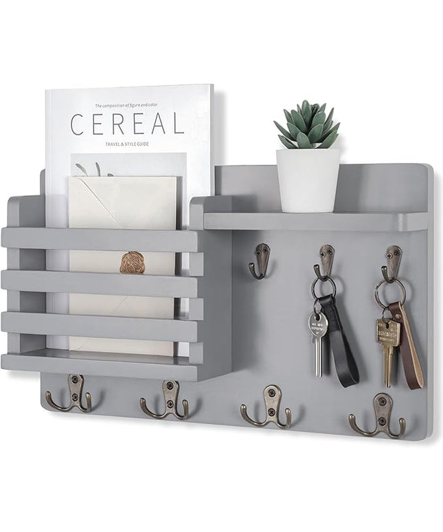 Nekon Mail Holder for Wall Mail Organizer with Key Hooks Hallway Farmhouse Decor Storage Racks with Floating Shelf and Flush Mount Hardware (16.8Inch x 10Inch x 3.2Inch) (Gray)