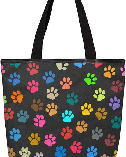 Pardick Colorful Animal Paw Prints Canvas Tote Bag, Eco Friendly Cute Reusable Grocery Shopping Bag With Zipper Inner Pocket for Women & Girls