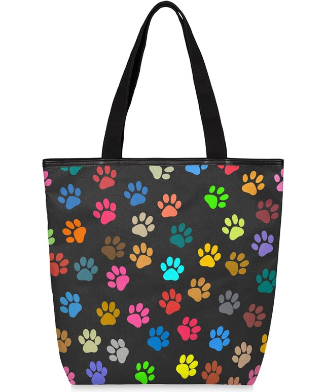 Pardick Colorful Animal Paw Prints Canvas Tote Bag, Eco Friendly Cute Reusable Grocery Shopping Bag With Zipper Inner Pocket for Women & Girls