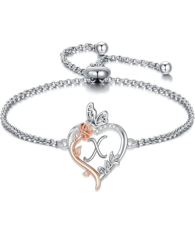 TOUPOP Gifts for Women Rose Heart Initial Bracelet 925 Sterling Silver Butterfly Letter Link Bracelet Love Jewelry Valentines Day Birthday Gifts for Her Wife Girlfriend Mom
