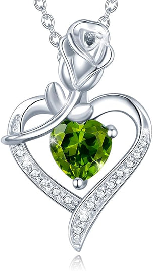 AGVANA Christmas Gifts Rosy Reverie Birthstone Necklace for Women Sterling Silver Genuine or Created Gemstone Rose Flower Heart Pendant Necklace Anniversary Birthday Gifts for Women Mom Wife Her