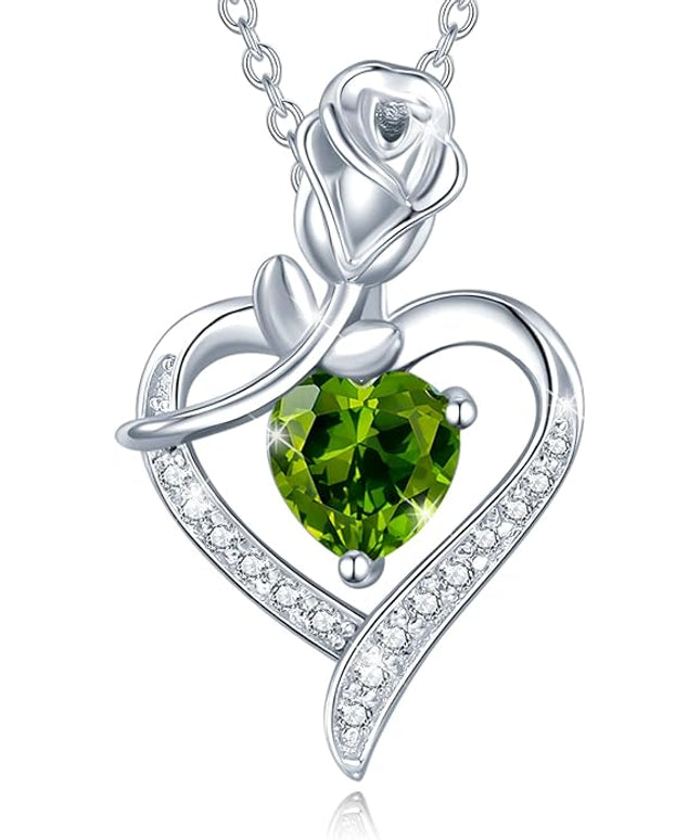 AGVANA Christmas Gifts Rosy Reverie Birthstone Necklace for Women Sterling Silver Genuine or Created Gemstone Rose Flower Heart Pendant Necklace Anniversary Birthday Gifts for Women Mom Wife Her