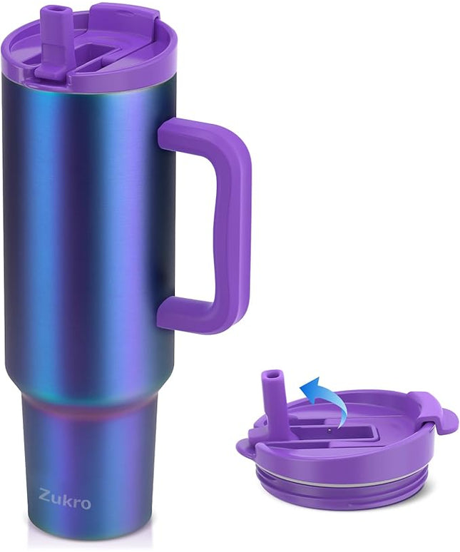 Zukro 50 oz Tumbler With Handle and Flip Straw, Leak Proof Lid, Double-Wall Stainless Steel Water Bottle for Home, Oiffce, Work, Large Vacuum Insulated Travel Cup Fit in Cupholder, BPA-Free, Aurora