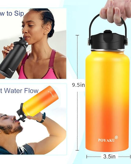 Water Bottle Insulated 32oz 40oz 64oz 128oz Straw Lid Spout Lid & 3 Lids, Leak Proof, Vacuum Insulated,Stainless Steel Water Bottle Wide Mouth for Sports, Gym or Office