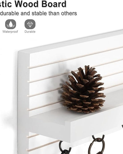 Lwenki Decorative Key Holder for Wall with Shelf, Entryway Shelf with Hooks Holds Leashes, Jackets and Glasses – Sturdy Wood Keyholder Entrance Hanger with Mounting Hardware (White, Medium)