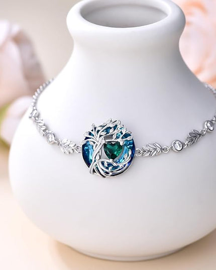 TOUPOP Tree of Life Birthstone Bracelet 925 Sterling Silver Family Tree Austrian Crystal Jewelry Anniversary Birthday Christmas Gifts for Women Wife Girlfriend Her