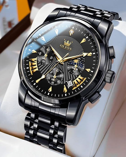 OLEVS Men's Luxury Watch Waterproof Luminous Easy Read Chronograph Watches Full Gold/White Dail/Black Face with Calendar Wristwatch
