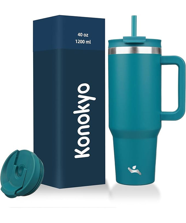 40 oz Tumbler with Handle and 2 Straws,2 in 1 Lid Insulated Water Bottle Stainless Steel Travel Coffee Mug,Blue