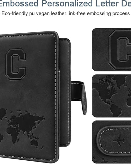 Passport Holder Wallet Cover Personalized Letter A-Z Travel Wallet RFID Blocking Passport Cover Wallet Case for Travel Passport Book Holders for Women and Men, Black-C