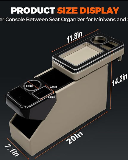 Beige Center Console Between Seat Organizer for Minivans, SUVs, with Phone Holder & Cup Holders for Minivan &SUVs, Middle Van Floor Console Organizer Storage Box- cream-coloured