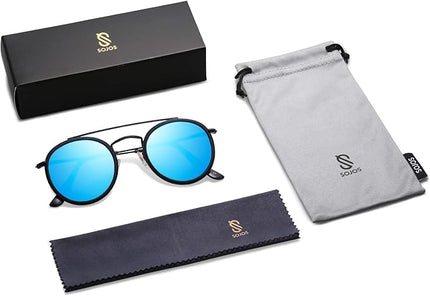 SOJOS Retro Vintage Round Polarized Sunglasses for Women Men Small Double Bridge Circle Sunnies SJ1104