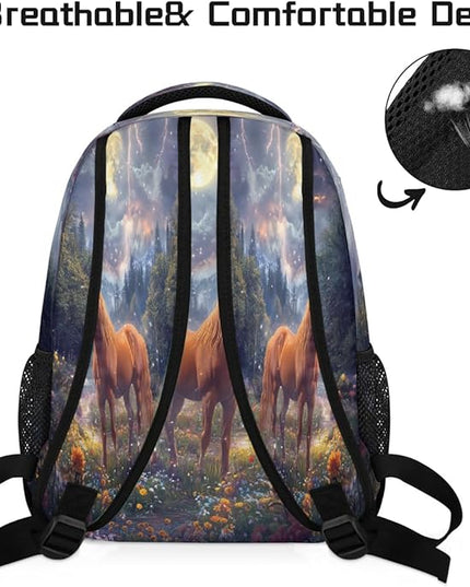Large Backpack with 15.6 Inch Laptop Compartment, Fantasy Horse Forest Adult Backpack for Work, Travel & School College Boys Girls