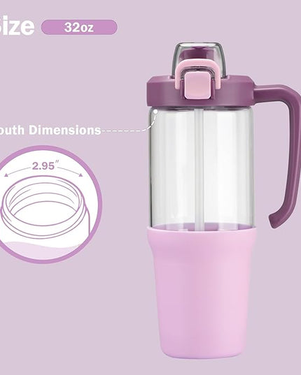32oz Glass Water Bottle, 2-in-1 Straw and Sip Spout Lid, Leakproof Wide Mouth Tumbler with Handle, BPA-Free Reusable Bottle for Sports, Office, Outdoor, Lilac