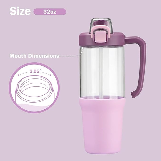 32oz Glass Water Bottle, 2-in-1 Straw and Sip Spout Lid, Leakproof Wide Mouth Tumbler with Handle, BPA-Free Reusable Bottle for Sports, Office, Outdoor, Lilac
