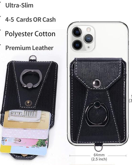Cell Phone Card Holder,Card Holder for Back of Cell Phone with Ring Grip Stand,Adhesive Stick-on Credit Card Wallet Pocket with Detachable Neck Strap Black