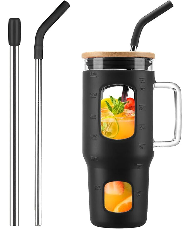 Glass Tumbler with Lid, 32 oz Glass Cup with Handle, Glass Water Bottles with Time Marker, 2 Straws - Pearl Straw & Silicone Protective Sleeve - Black