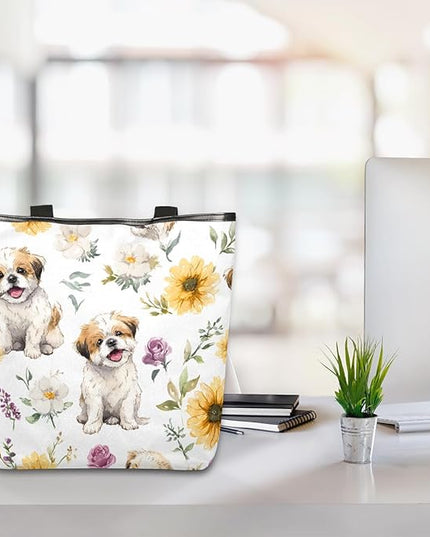 Pardick Canvas Tote Bags, Cute Dog Flower Tote Bag Eco Friendly Reusable Grocery Shopping Bagsfor Beach, Books, Women with Zipper Inner Pocket
