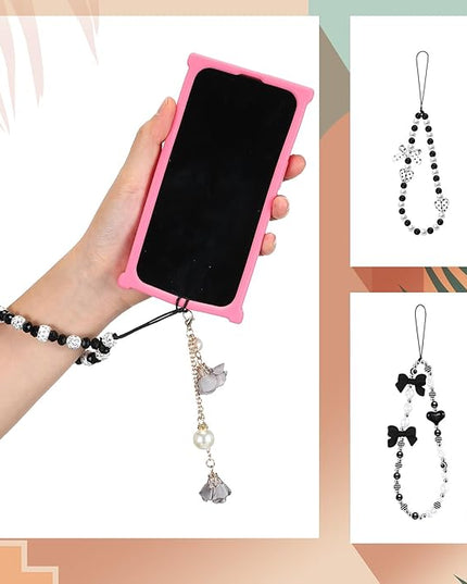 Ecally 3 Pcs Phone Charms Strap Camera Charm Strap Pearl Beaded Butterfly Bow Flower Cute Phone Wrist Lanyard Bracelet for Camera Keychain Wallet Decor Christmas New Year Gifts