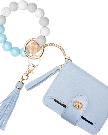 Multi-Purpose Wallet High Capacity Card Holder Zipper Coin Purse with Wristlet Bracelet Keychain Silicone Beaded Bangle Key Ring
