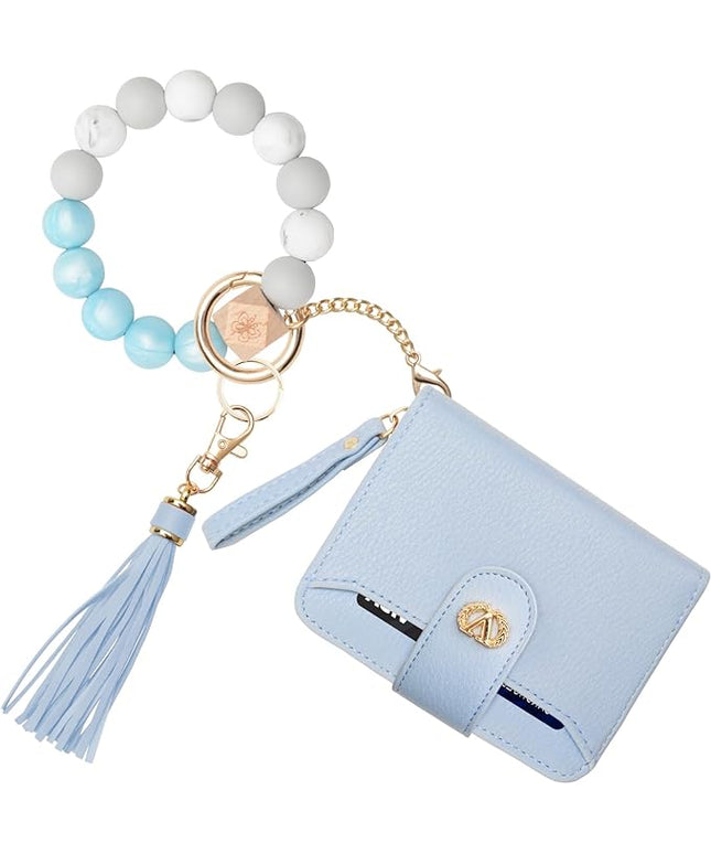 Multi-Purpose Wallet High Capacity Card Holder Zipper Coin Purse with Wristlet Bracelet Keychain Silicone Beaded Bangle Key Ring