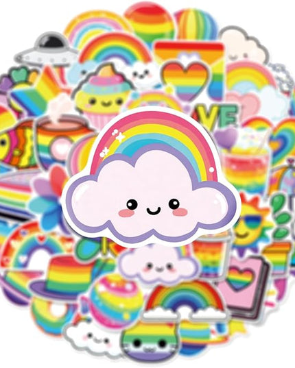 50PCS Rainbow Stickers, Waterproof Vinyl Decals Cute Water Bottle Stickers for Notebooks, Stationery, Luggage, Cartoon PVC Happy Stickers