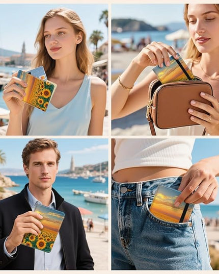 PU Leather Passport Holder Cover 5.9×4.3 Inch with Credit Card Slot and Boarding Pass Slot Combo Blocking Passport Holder Wallet Cover Case for Travel Boarding Essentials (Sunflower)