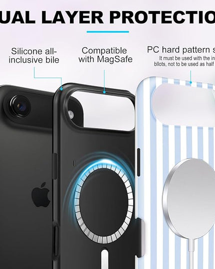Magnetic for iPhone 17 Air Case Cute Stripes Phone Case, Shockproof Slim TPU and Hard PC Protective Phone Cover Compatible with MagSafe Designed for Women Girls, Blue and White
