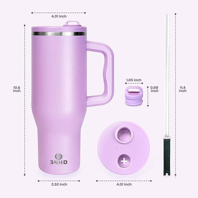 34HD 40 oz Stainless Steel Tumbler - Leakproof Insulated Water Bottle with Handle, Magnetic Lid and Flexible Straw - Iced for 48 Hours – Perfect for Men, Women, Birthday Gift, Purple - Lilac Bloom