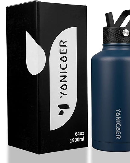 Insulated Water Bottle 64oz,Triple Wall Vacuum Stainless Steel(Dishwasher Safe),Leak Proof & Non-BPA,Flask Jug with Paracord Handle & Straw Spout Lids Sports Navy Blue
