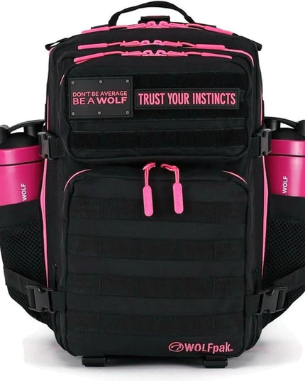 WOLFpak 35L Athletic Gym Backpack - Durable 1000D Waterproof Oxford Material with MOLLE Webbing, Laptop Pocket & Dual Cup Holders, Durable Fitness/Travel/Military Daypack (Black Neon Pink)